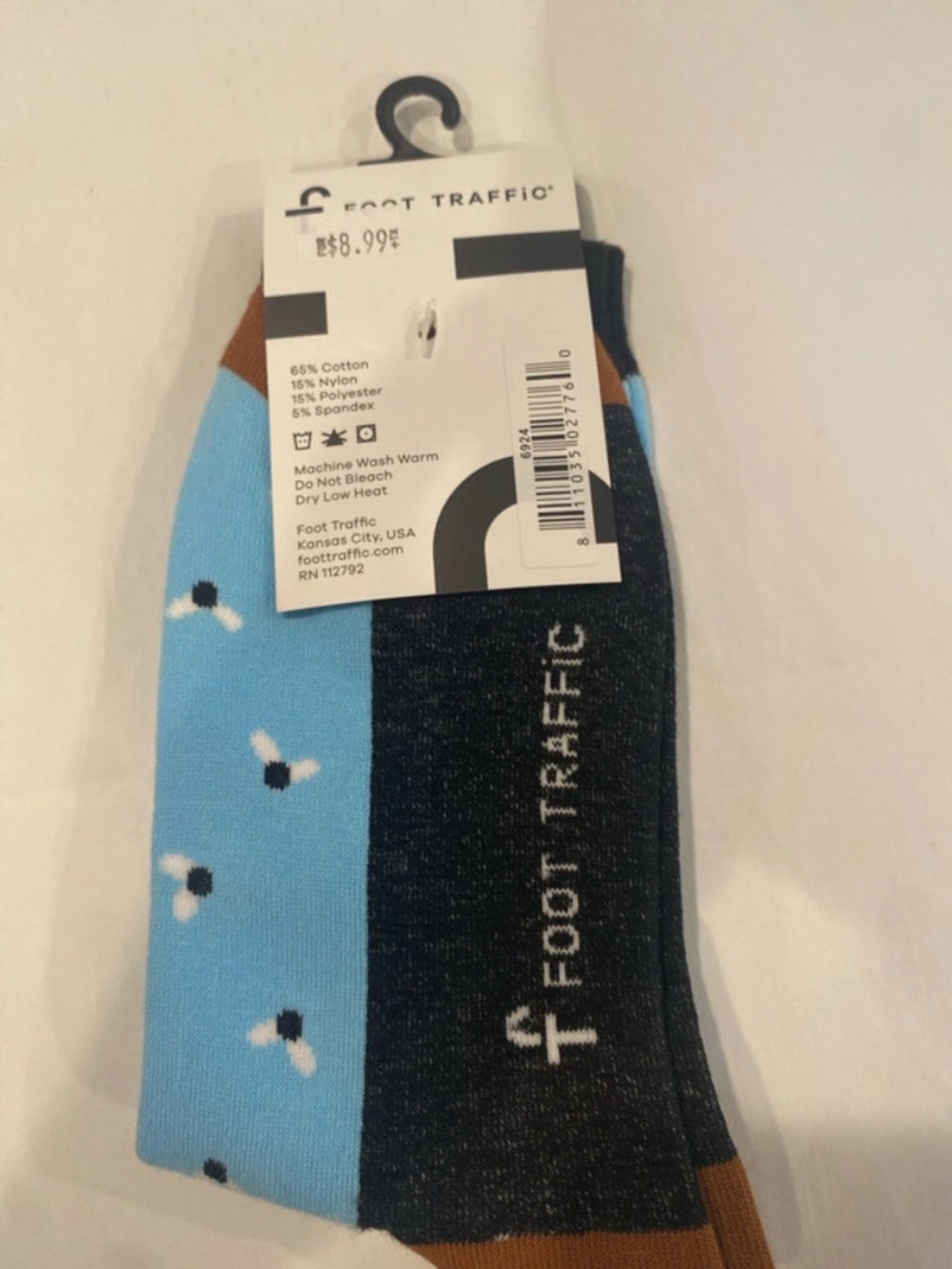 Traffic Light Blue & Black Crew Socks with Brown Accents